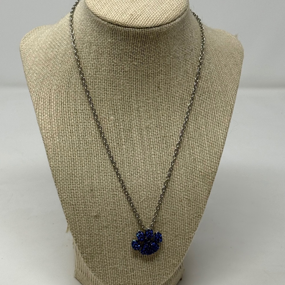 Blue Rhinestone Paw Print Necklace Silver Tone Magnetic Clasp Team Spirit Pet